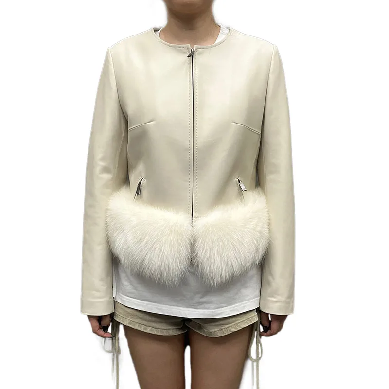 2024 Lady Winter Elegant Luxury Real Fox Fur Trimming Hem Short Coat Zipper Women Genuine Sheepskin Leather Jacket