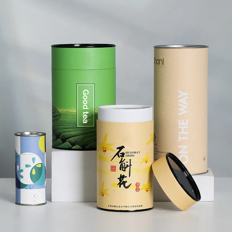 Custom Printed Round Sealed Paper Container Packaging Food Grade Tea And Coffee Cylinder Cardboard Paper Tube Box With Metal Lid