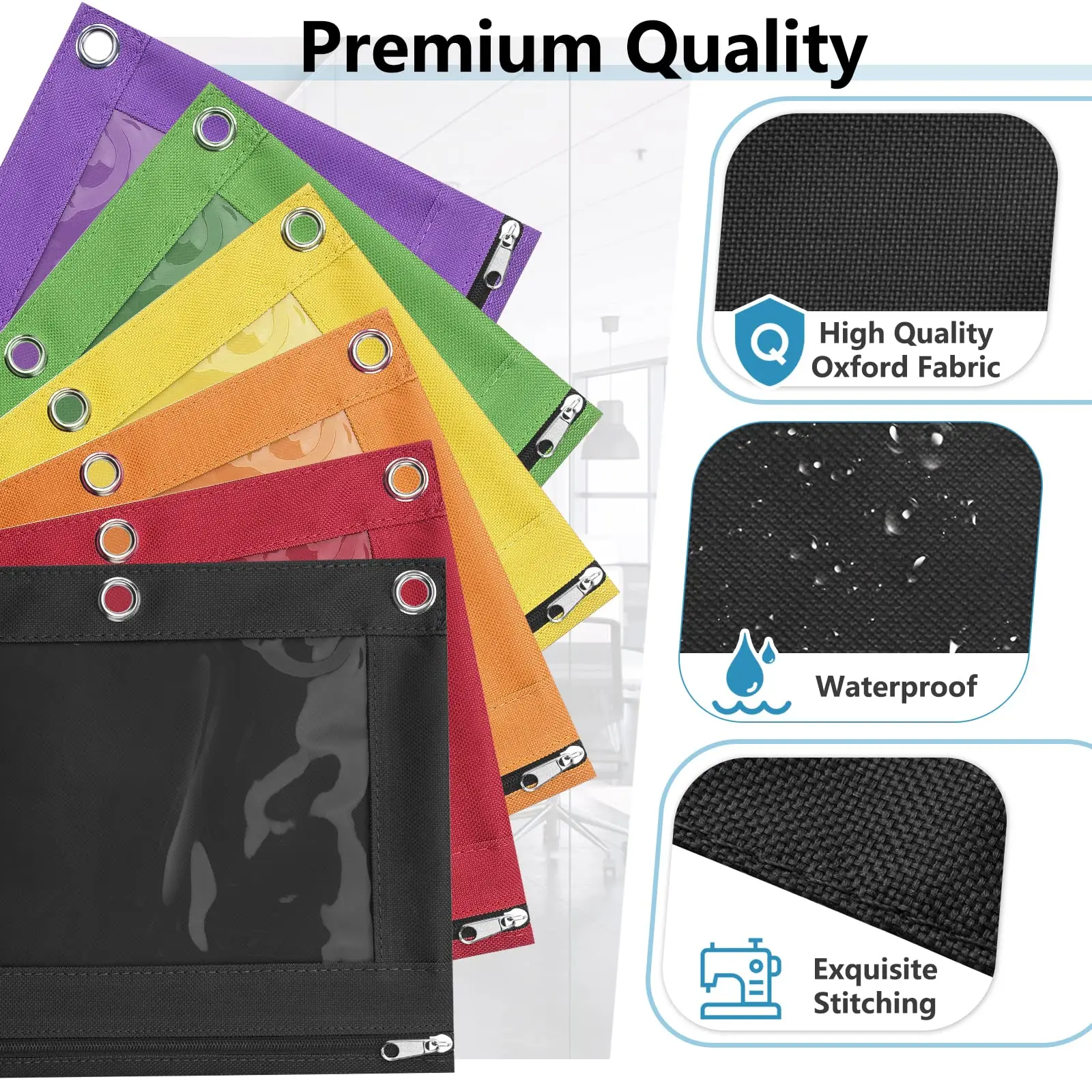 Colorful Oxford Fabric with Mesh Net Bulk Black Pencil Bags Zipper Pouch for 3 Ring Binder for Students