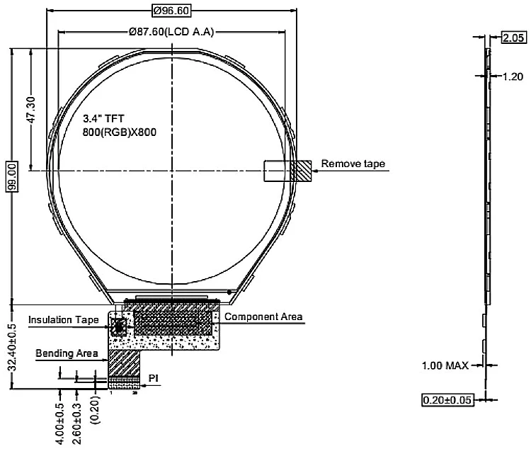 3.4inch 800*800 Round MIPI IPS TFT LCD Display 39Pin Circular 3.4inch LCD Screen Module TFT Touch Screen Factory Custom