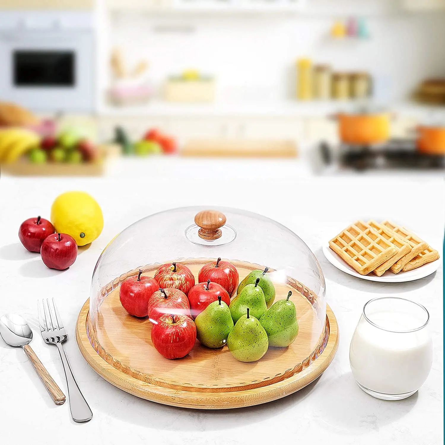 Bamboo Acacia Round Rotating Cake Stand with Dome Plate with Acrylic Glass Lid Cake Holder with Clear Cover Wooden Top