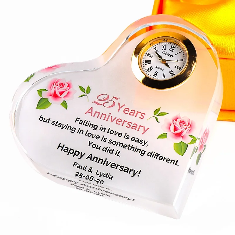 Wedding Favors Gifts Crystal Heart Shape Clock Custom Logo Crystal Table Clock Wedding Souvenirs For Guests