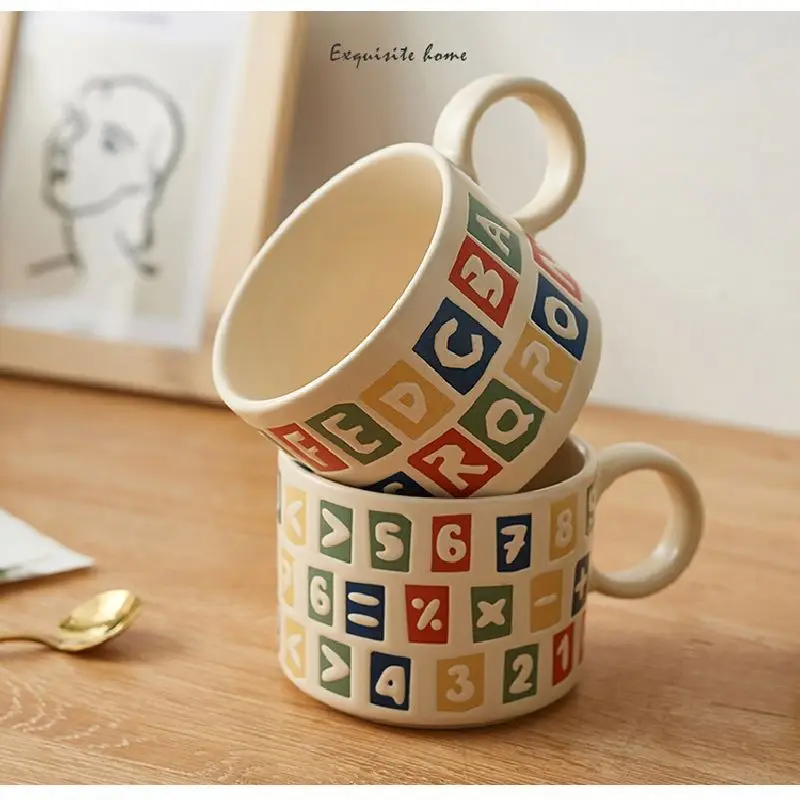 Wholesale 2024 New Creative Letter Embossed Ceramic Coffee Mugs Custom Logo Nordic Porcelain Milk Cup Tea Mugs