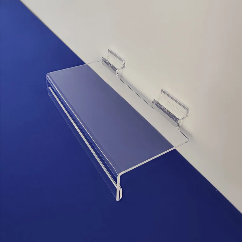 High Quality Clear Acrylic Slat Wall Shoe Display Shelf Acrylic Slatwall Shelf with Sign Tag