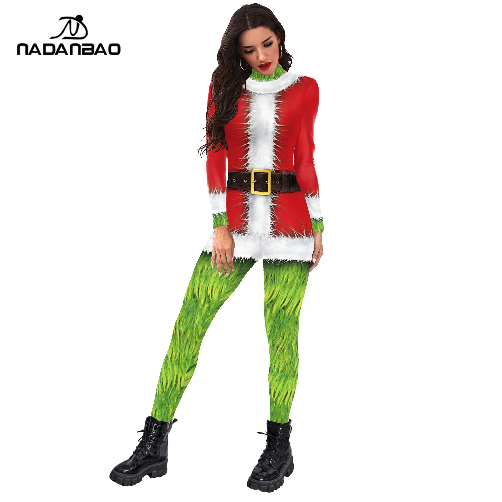 Nadanbao brand Christmas women jumpsuit cosplay party costume romper tight print outfit one pieces jumpsuits