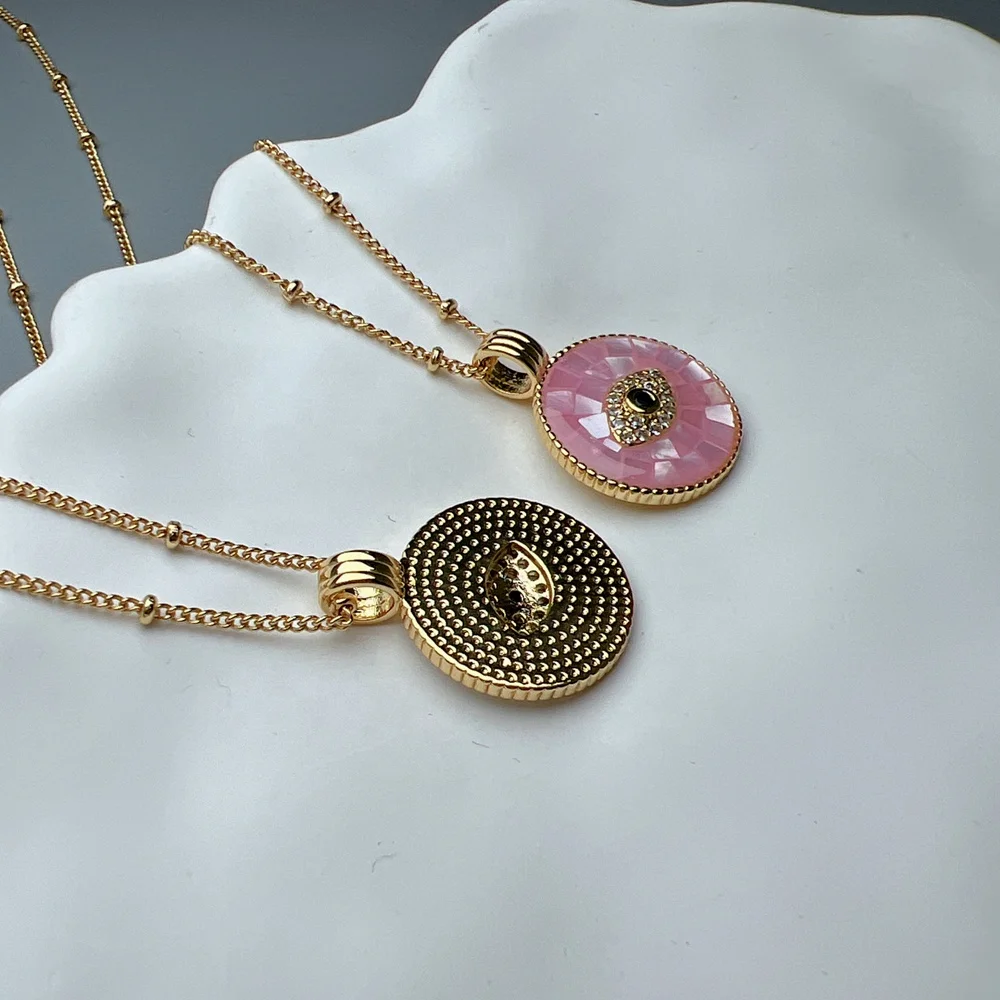 Wholesale Custom Round Pink Sea Shell Crystal Zircon Evil Eye Necklace Women PVD 18k Gold Plated Jewelry