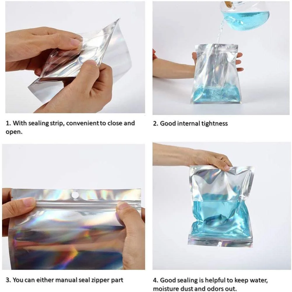 Resealable Holographic Foil Bags Cosmetic Laser Packaging Zip-lock Bags for Food Storage Coffee Beans Candy & Jewelry Packing