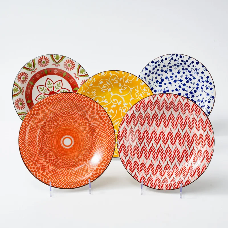 Hot porcelain Printed Colorful Bohemian Style Reverse Mouth Soup Plate Tableware Round Household Underglaze Color Creative Plate