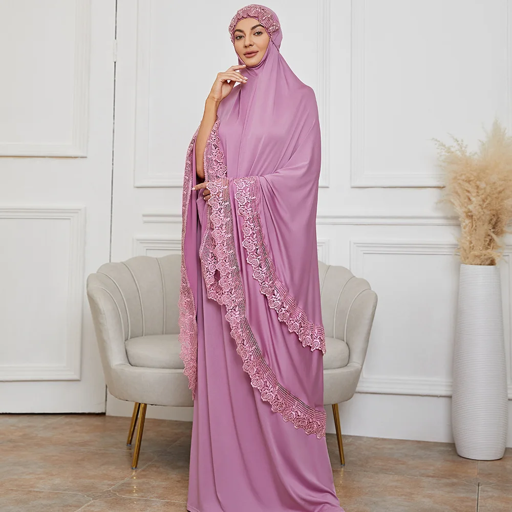Pink Embroidery Lace Women Islamic Clothing Two-piece Dresses Women Muslim Elastic Waist Indonesia Traditional Muslim Clothing