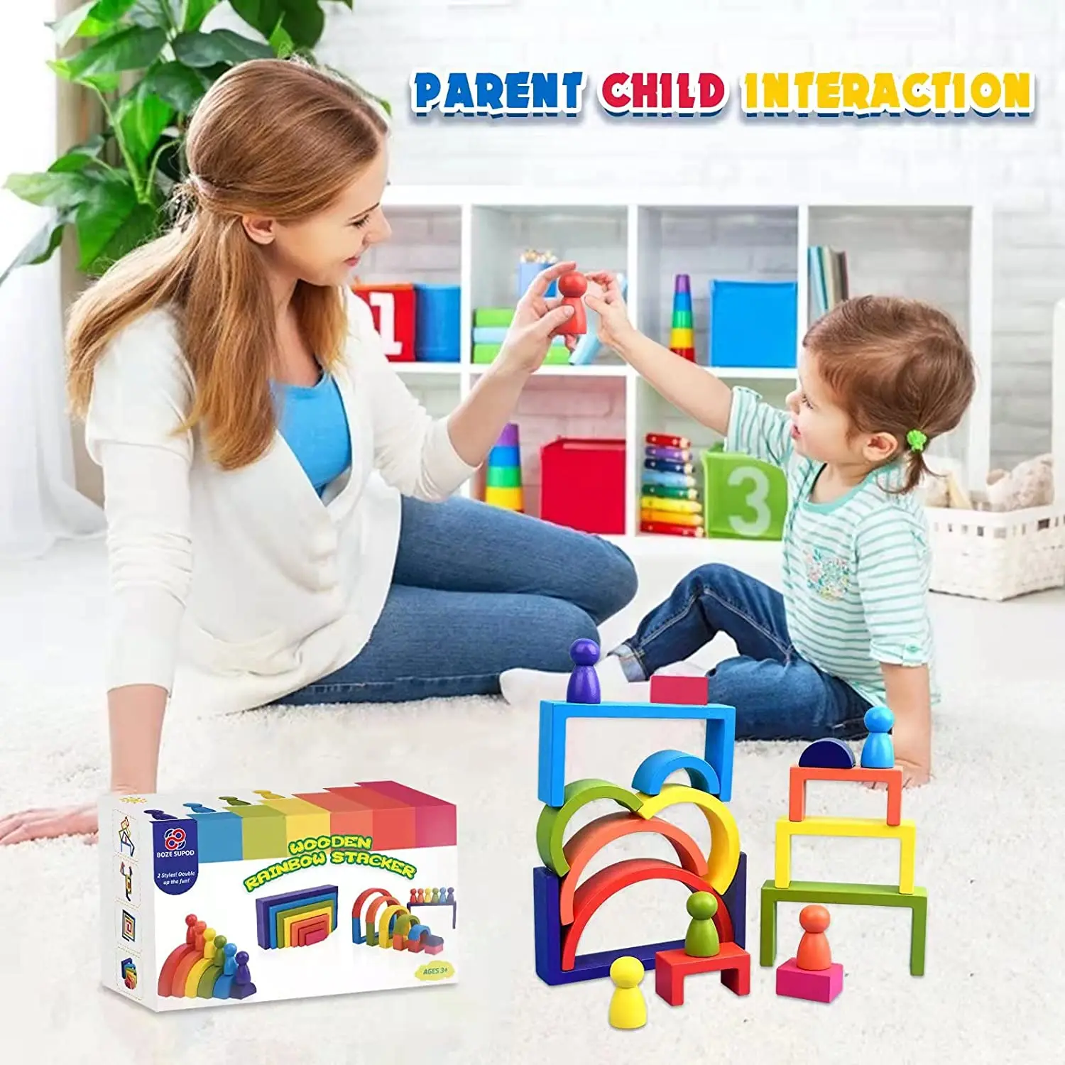 Wooden Toys Rainbow Stacking Blocks-Montessori Toys Building Blocks Open Ended Preschool Activity Educational Toy