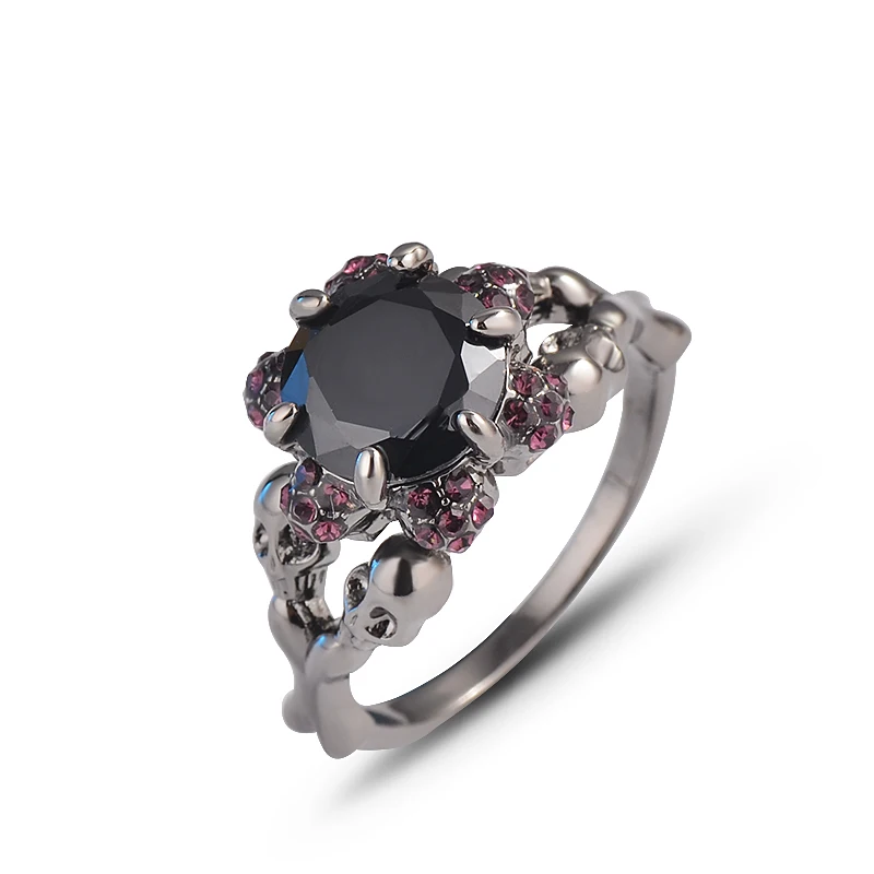 
European And American Princess Diamond Ring Domineering Skull Punk Black Gemstone Black Gold Ring 