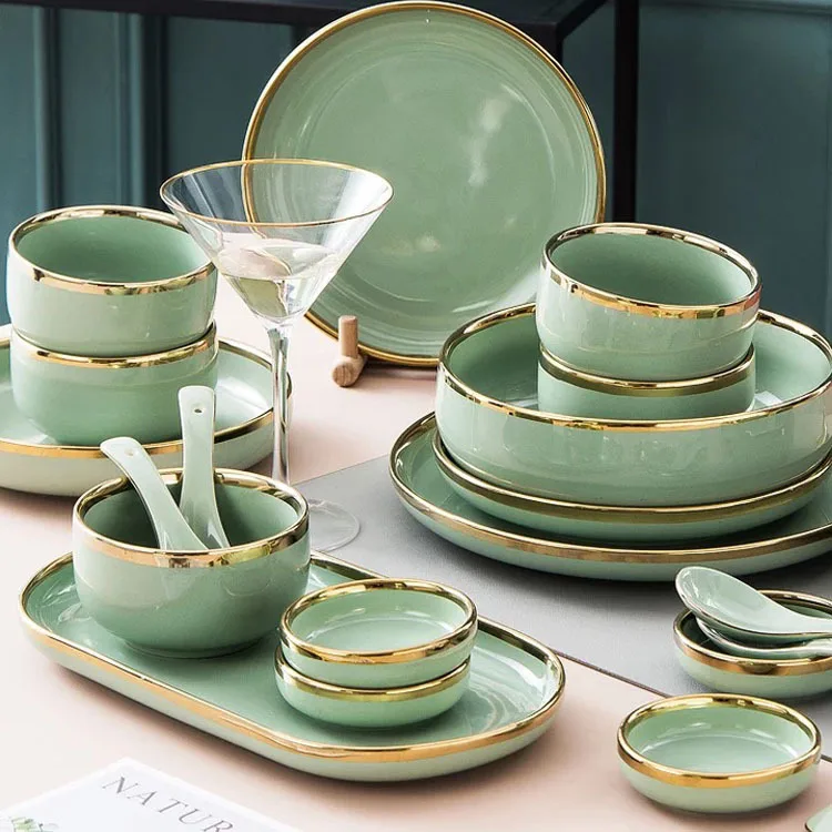 Luxury western tableware gold cutlery bowls set porcelain european dinnerware set plate