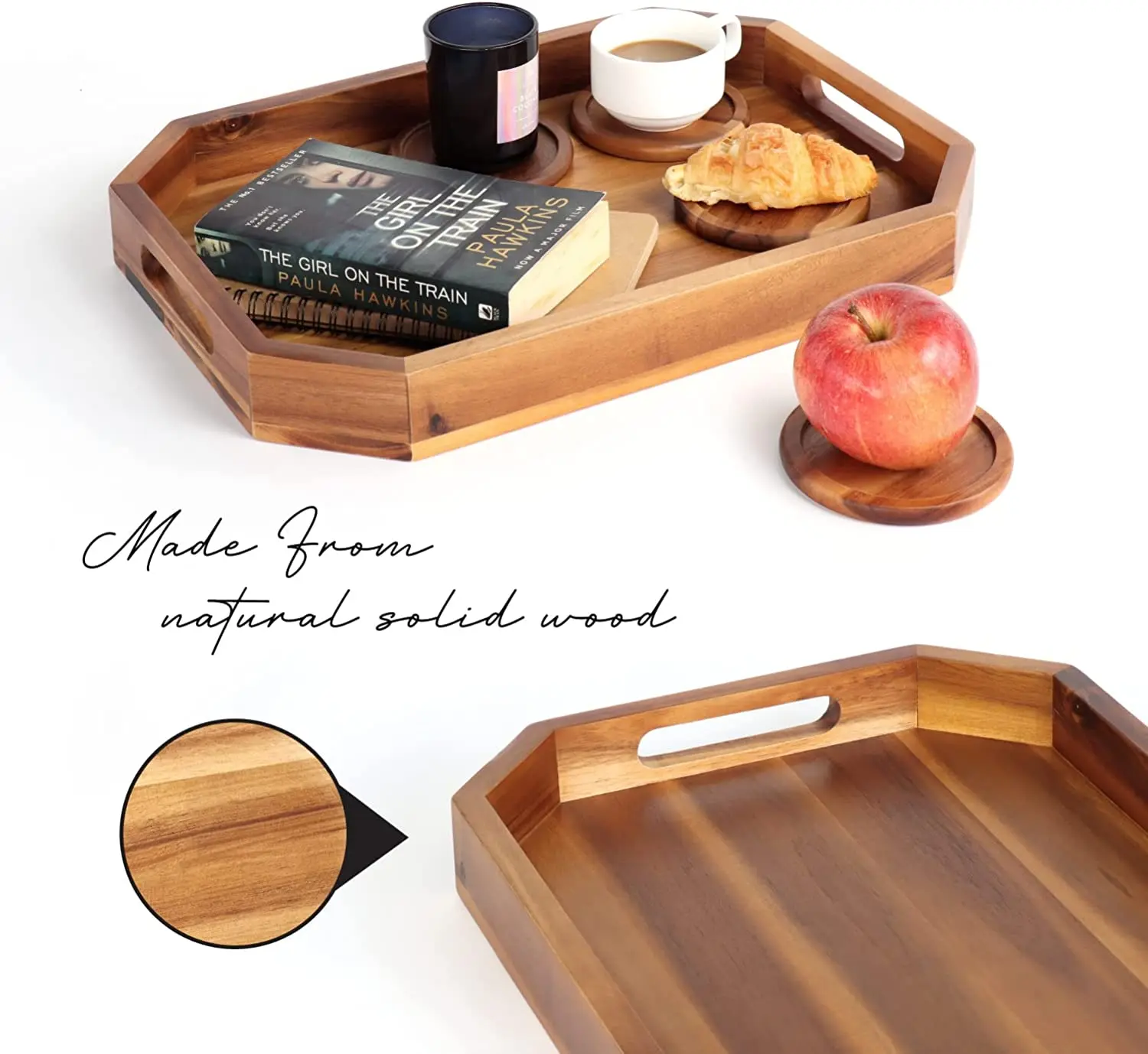 Оттоманский твердый поднос, деревянный сервировочный поднос с вырезами, угловыми краями и 4 деревянными подставками