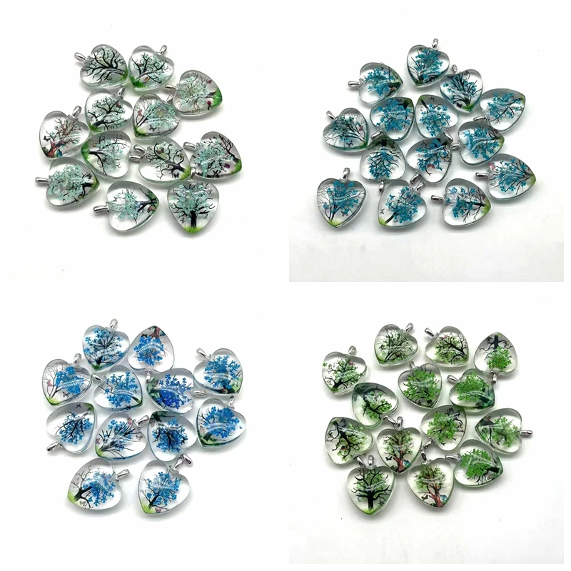 Wholesale Glass Heart Shape Pendants Dry Flower Jewelry Necklace Charm  Life Tree Key Chain Bag Lamp work Gift 25 mm