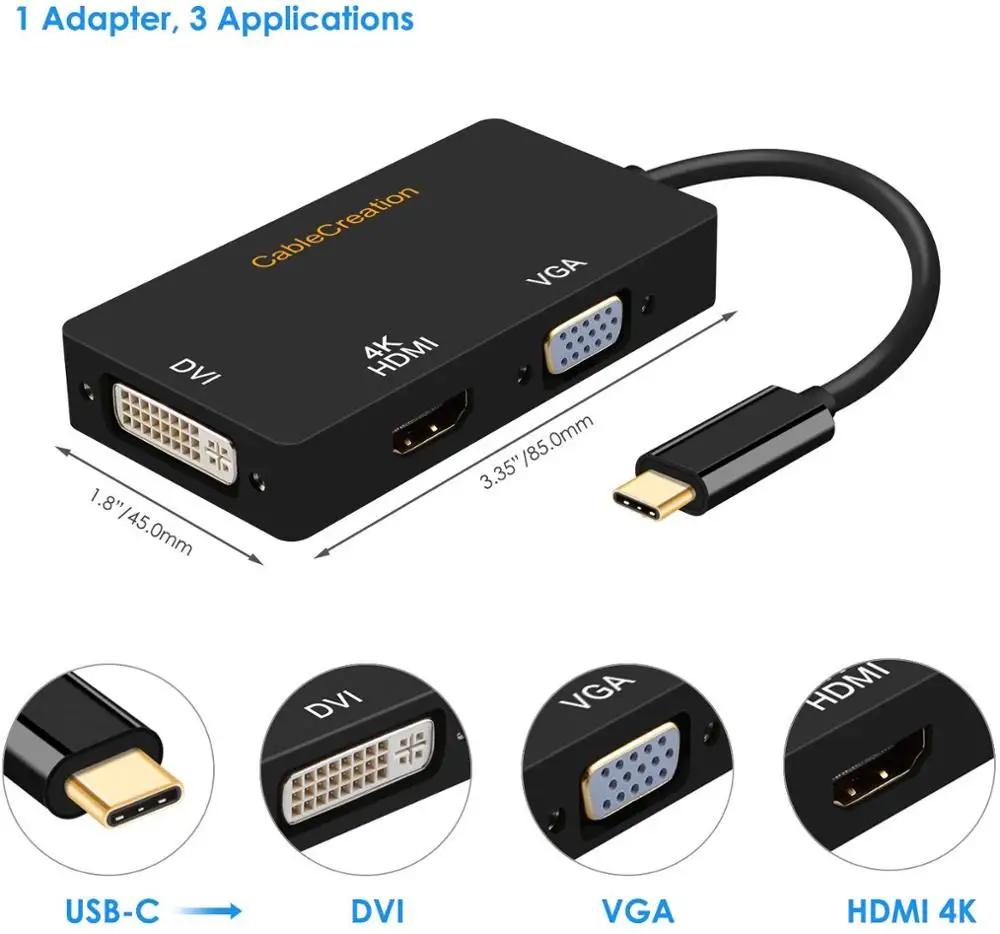 CableCreation 3 in 1 USB Type C Male to DVI  HDMI VGA Female Adapter Compatible Thunderbolt 3 usbc to hdmi vga dvi