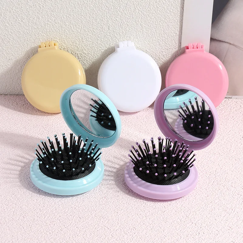 Vinnie  Factory Made Cut mini hair brush portable  folding air cushion comb round pocket travel pop up hair Comb with mirror