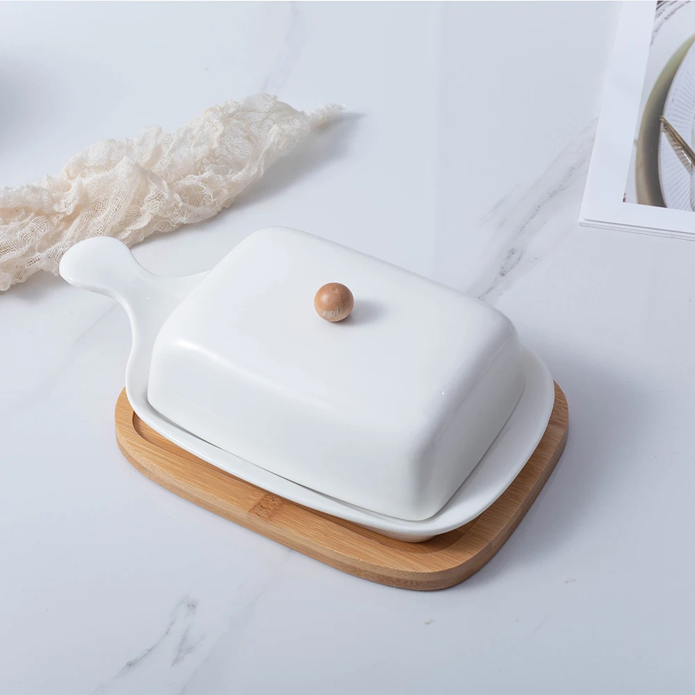 Wholesale ceramic butter keeper dish with bamboo tray white porcelain cheese box