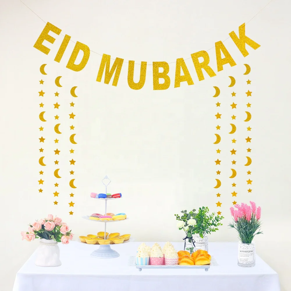 UMISS Gold  Glitter Color EID Mubarak Banner Moon Stars Shape Hanging Garland Eid Mubarak Decorations Arabic