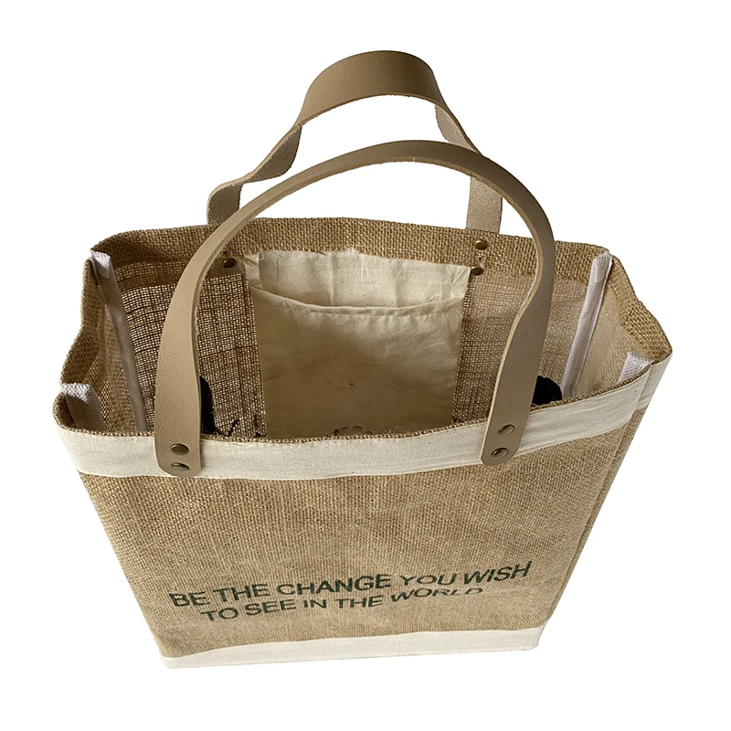 Accept Custom Logo and Design Burlap Tote shopping bags with Leather Handle