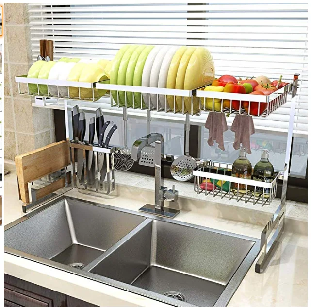 304 Stainless Steel Dish Drying Rack, 2 Cutlery Holders Drainer Shelf for Kitchen Supplies Storage Counter Organizer