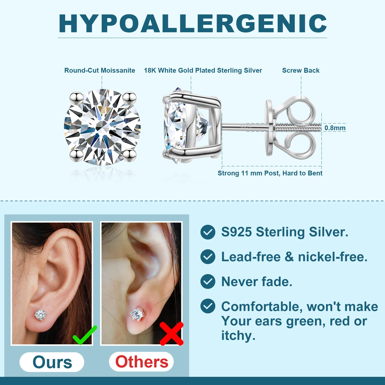 Dropshipping USA Warehouse 3mm-10mm 18K Gold Plated 925 Sterling Silver VVS Moissanite Diamond Women Mossanite Stud Earrings Men