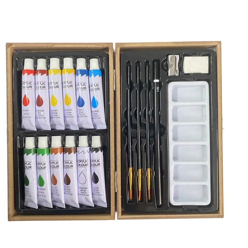 Customized Logo Deluxe 20pcs Art Set Wood Case Package Stationery Set with Pencil 12ml Acrylic Paint for Painting Drawing