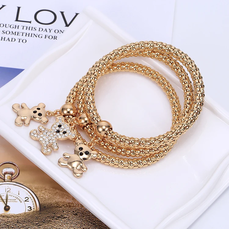 Minimalist Lucky Girl Bracelet Lovely Bear Elastic Popcorn Chain Bracelet Cute Crystal Bear Charm Bracelets