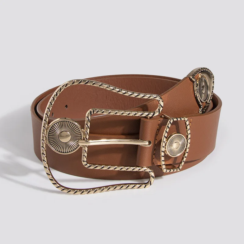 Vintage Gold Western Buckle 3 Sets Women Leather Ladies Wide Waist Belt