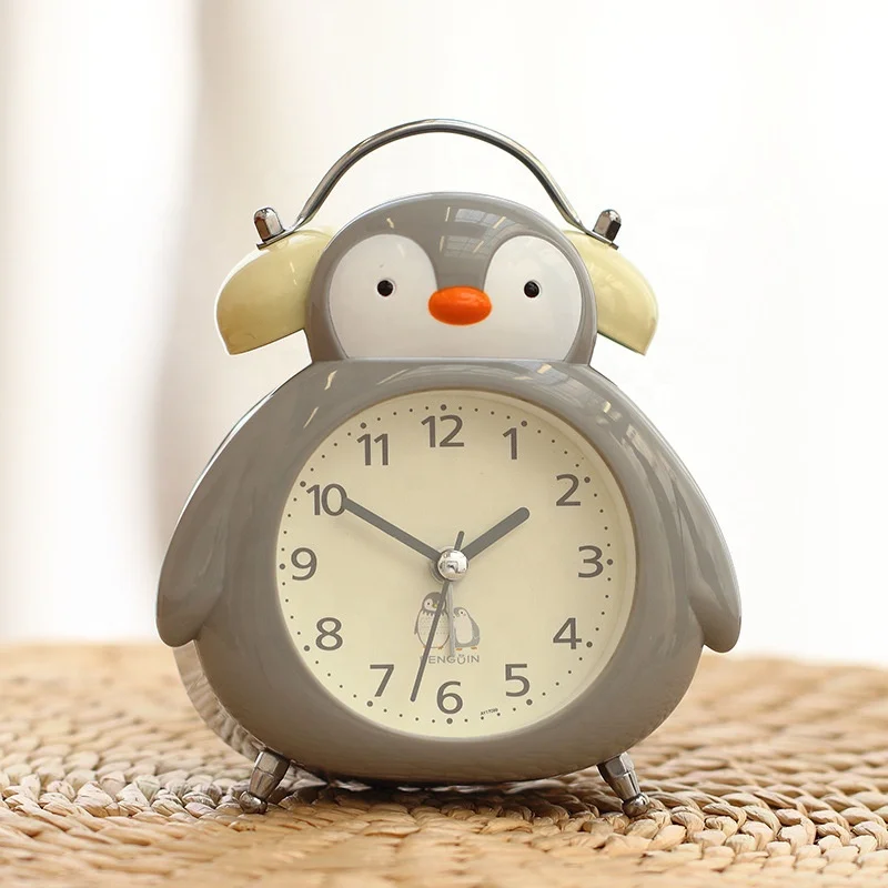 Penguin Desk Clock Table Watch Warm Color Night Light Bell Alarm Clocks Desktop Bedside Office Lunch Break Bedroom Decor