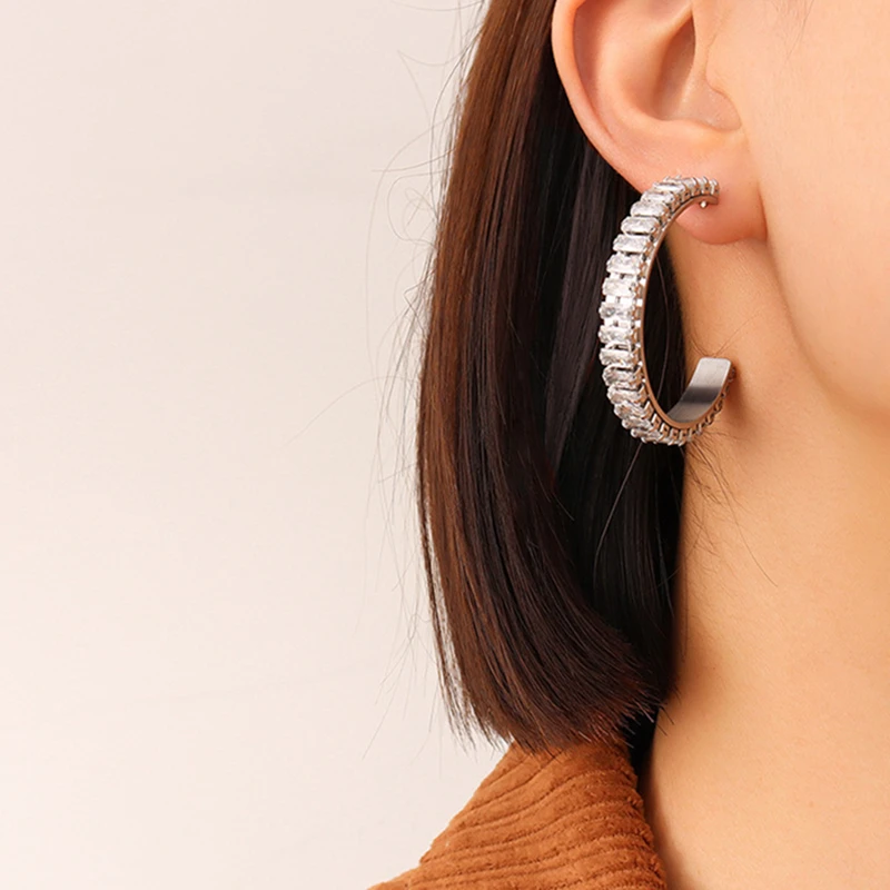 MICCI Wholesale Custom Stainless Steel Jewelry Big White Iced Out Crystal Cubic Zircon Tennis Baguette Stud Open Hoop Earrings