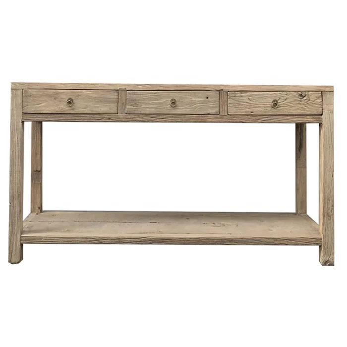 Chinese natural three drawers industrial style recycled solid wood antique wall side display table