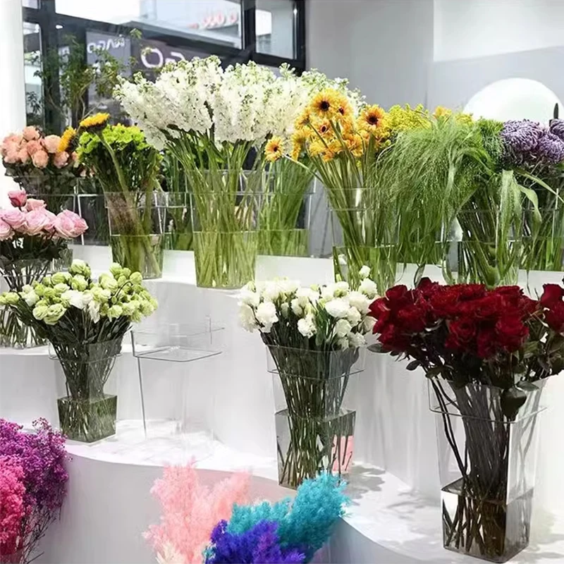 Changyi Transparent Waterproof Rose Bouquet Flower Bucket Holland Square Design Plastic Vase for Home Decoration for Wedding