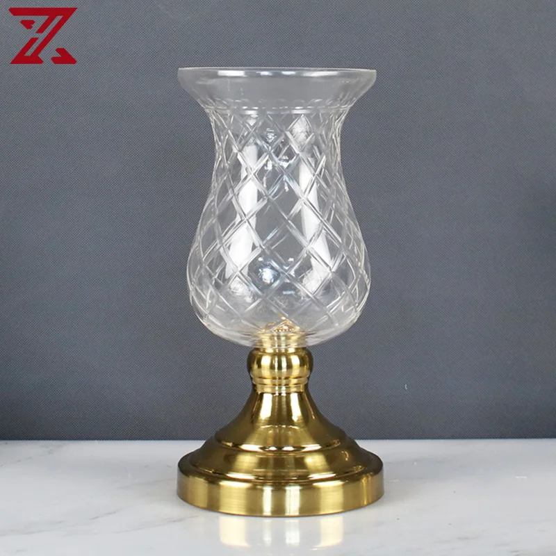 Wholesale flower vase centerpiece transparent glass flower vase with bronze metal base for table decorative