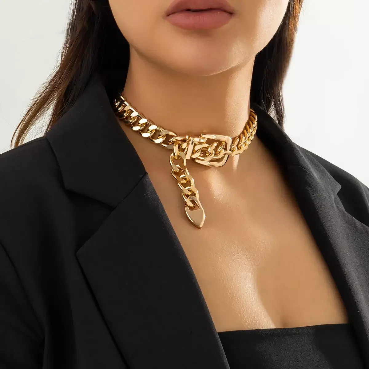 SHIXIN 2022 New Fashion Necklace Hip Hop Simple Design Belt Buckle Chain Collarbone Choker Retro Cool Style Personality Necklace