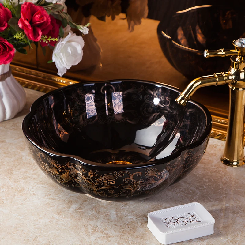 Artistic Black with Gold Floral Design wash basin Ceramic Counter Top Wash Basin Bathroom Sinks bathroom washbasin cabinets