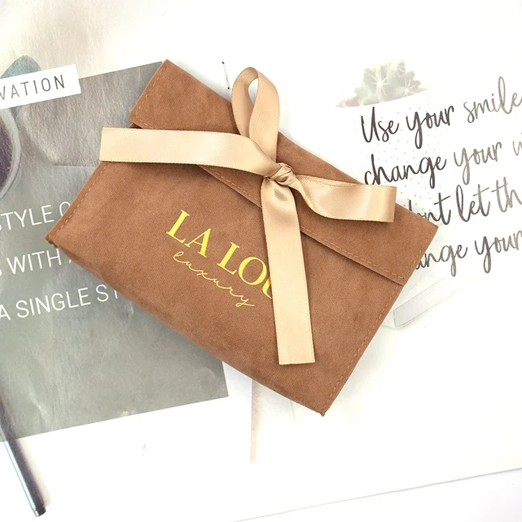 Custom logo printed cosmetic perfume bag luxury brown envelope flap suede jewelry pouch