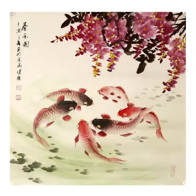 Chinese traditional rice paper ink red koi calligraphy decoration living room wall hanging ink painting