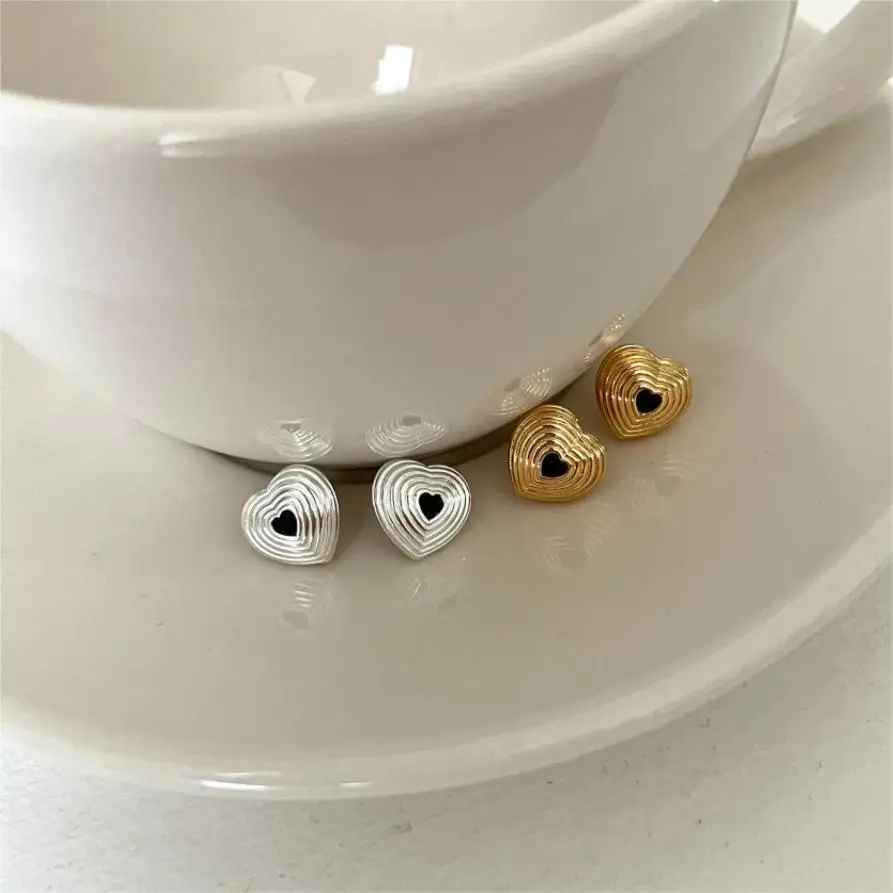 Silverbene Promise Black CZ Heart 925 Sterling Silver Stud Earrings