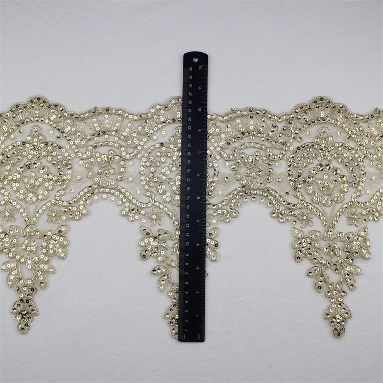 Popular Malaysia Wholesale Price Embroidered Gold Sequin Lace Fabric Embroidery Mesh Border Lace Trimming For Dress Decoration