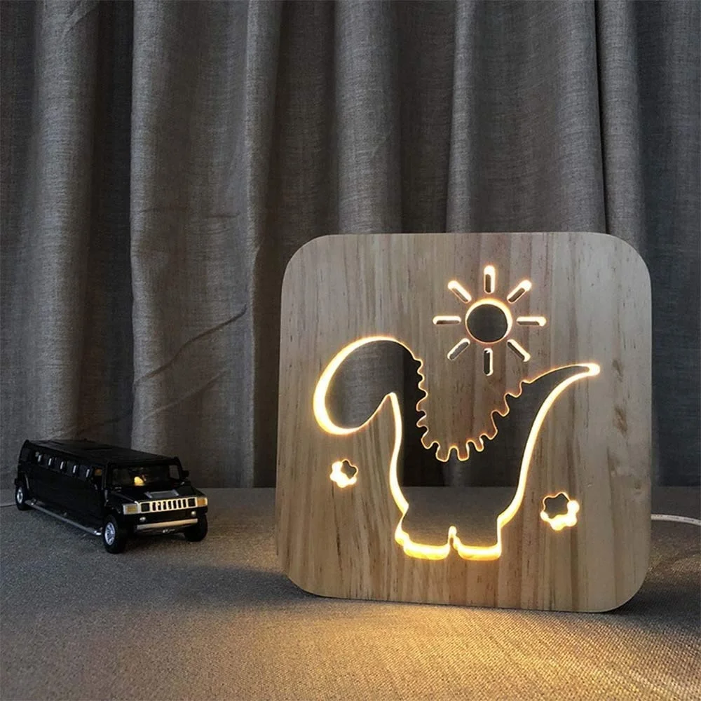 High Quality Eco friendly USB charging warm white Creative Dinosaur Carved 3d customize wooden night lamp