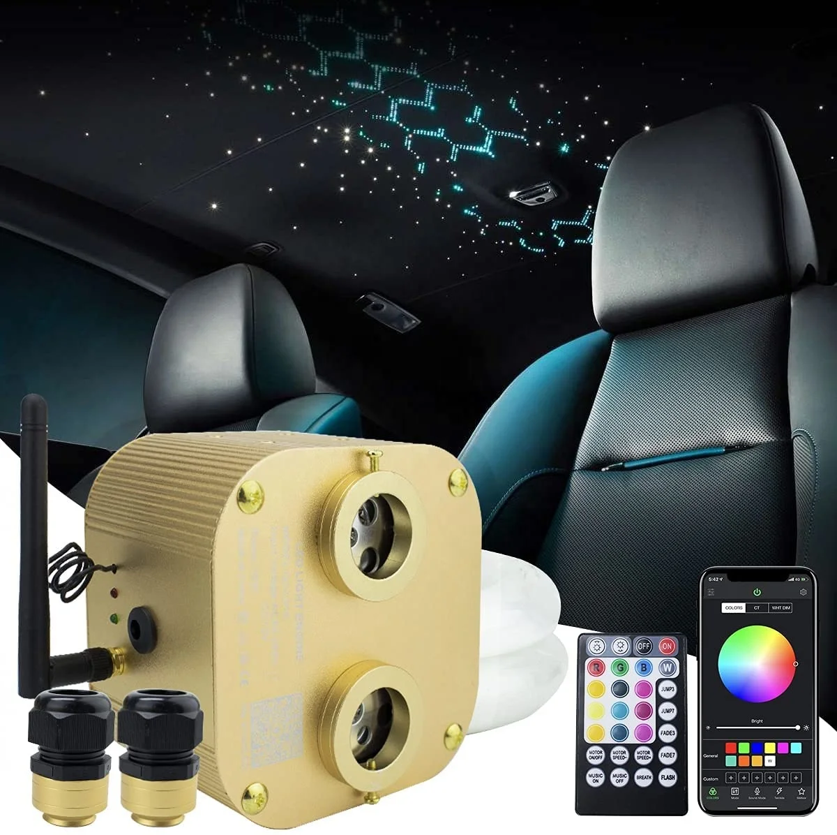 customized 12v 20w RGBW mobile APP  twinkle light engine+0.75mm 900pcs 3m/pcs fiber optic starlight kit for car ceiling