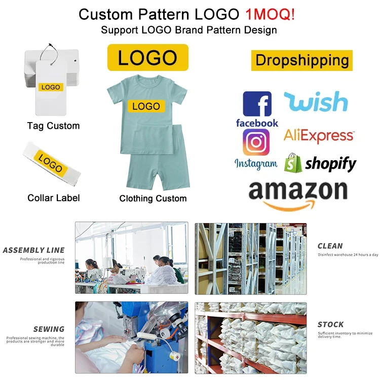 Custom 95% Bamboo 5% Spandex Boys Bamboo Sleepers plain Baby Clothes Soft Short sleeves Kids Sleepwear Pajamas Set