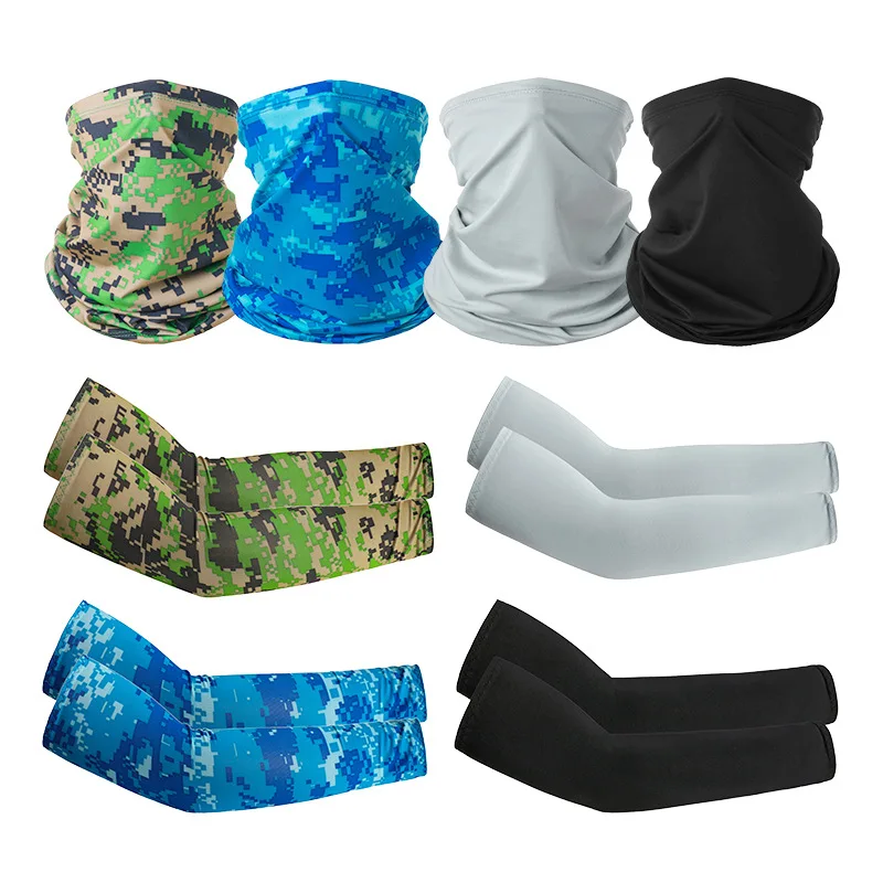 Summer UV Sun Protection Face Cover Neck Gaiter Scarf and Ice Silk Cooling White Blue Black Arm Sleeves Kit