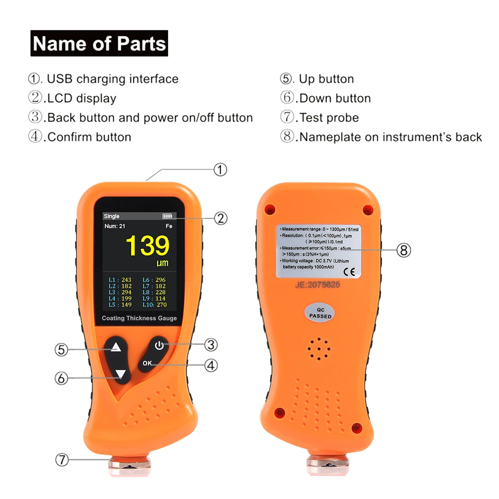 Thickness Gauges Paint Coating Thickness Gauge Car Film Digital Thickness Gauge Tester 0-1300um Rechargeable