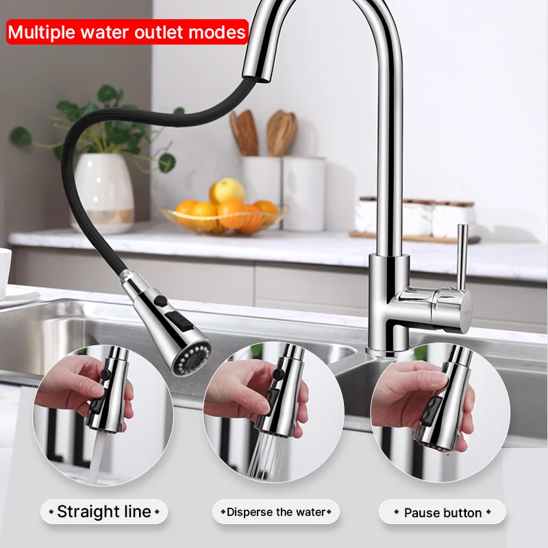Amazon Hot Selling Multi-functional Deck-mounted Tap Stainless Steel Rotatable pull out Kitchen Faucet