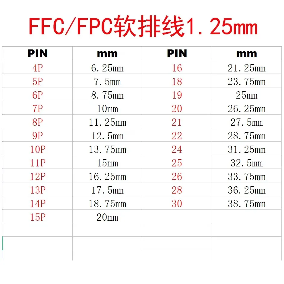 FPC FFC Flexible Flat Cable 1.25mm Pitch AWM 20624 80C 60V VW-1 4P/5/6/7/8/9/10/11/12/13/14/15/16/18/19/20/21/22/24/26/30Pin