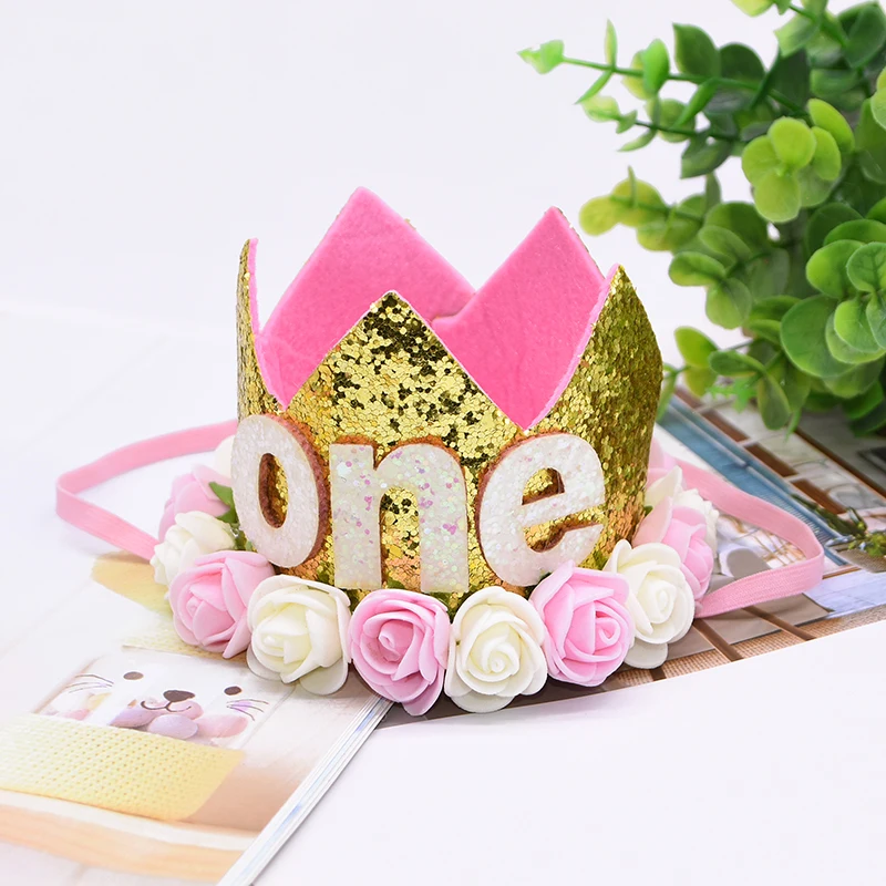 1PC Baby Girl Happy Birthday Party Hats Kids One Year Flower Princess Crown Headband Baby Shower 1st Birthday Decor Party Supply