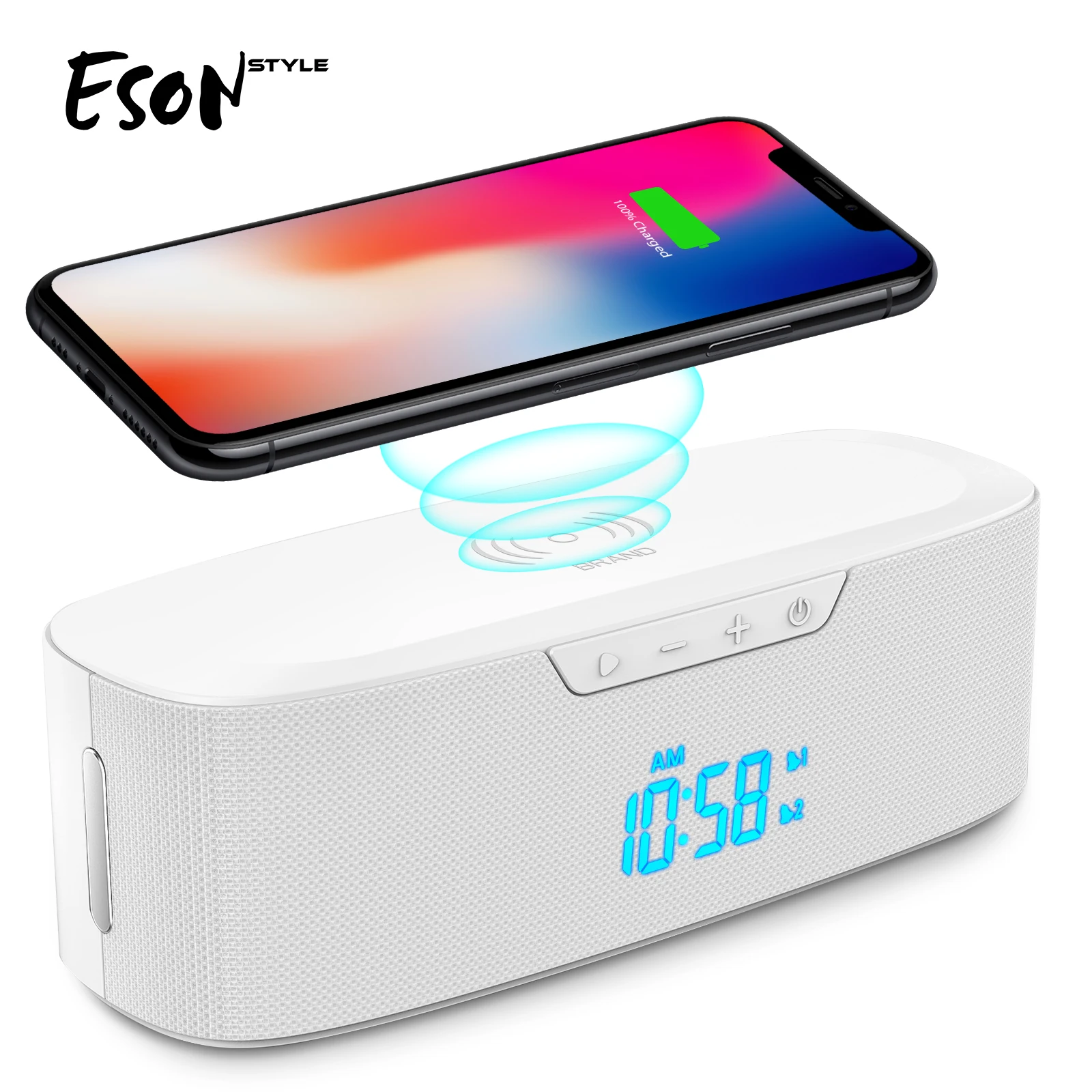 Eson Style Home Theatre System Dual Alarm Clocks Subwoofer Radio Fm 20W 3.7V Tws Wireless Charger Bluetooth Speakers