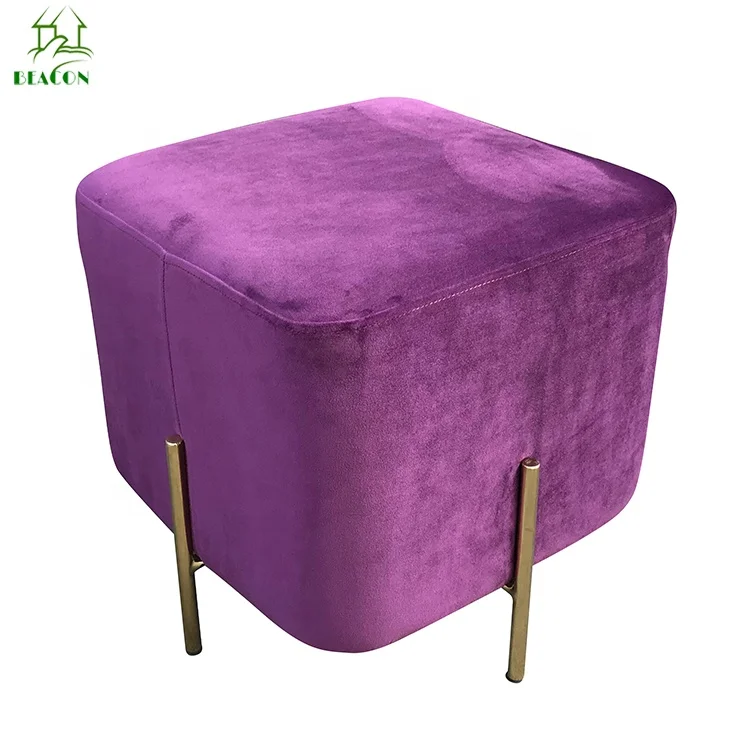 Modern Home use Fabric Square Ottoman Stainless Steel Gold Finish Velvet Foot Stool