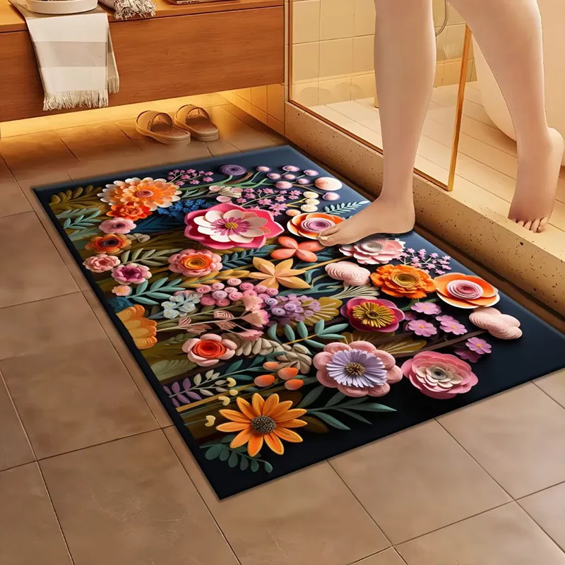 Super Absorbent Earth Quick Dry Diatomite 3D Printed Flower Anti-slip Bathroom Kitchen Floor Door Shower Bath Stone Mat